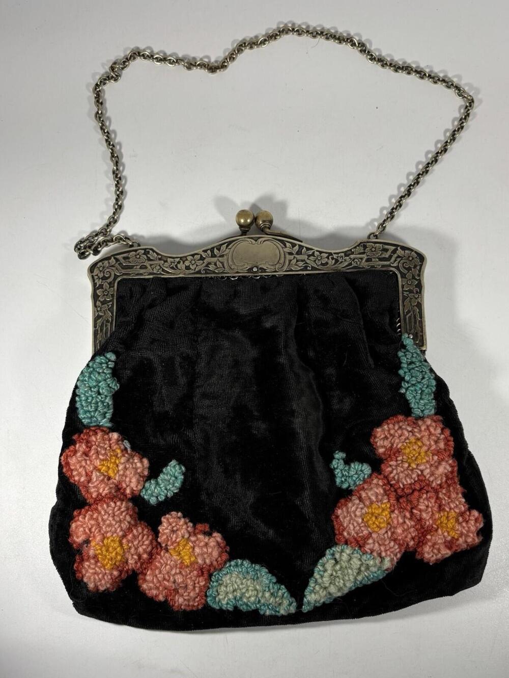 Antique 1930s German Silver Floral Embroidered Velvet Chain Handbag Purse - M&H